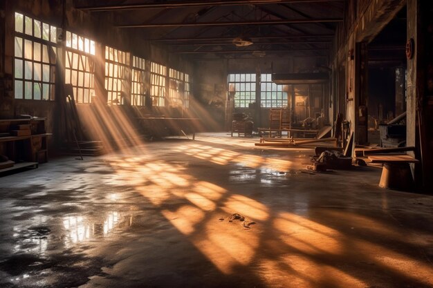 Foto een lege donkere werkplaats met hoog plafond en een water