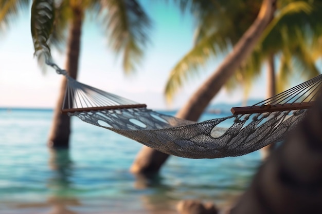 Een lege hangmat bij het Caribische strand met uitzicht op de betoverende oceaan die AI heeft gegenereerd