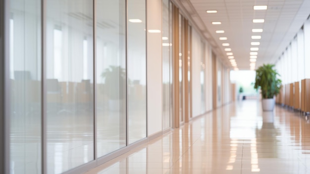 Een lege helder verlichte kantoorgang met glazen muren en een tegelvloer