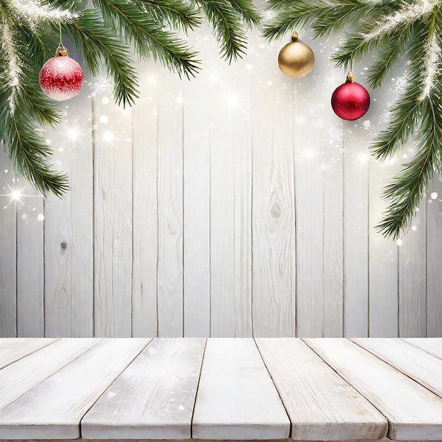 Een lege houten bordtafel met een glinsterende kerstdagachtergrond gegenereerd door AI