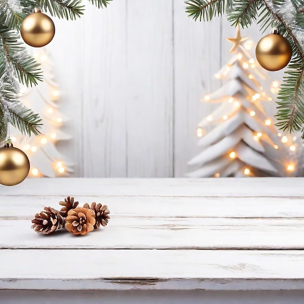 Een lege houten bordtafel met een glinsterende kerstdagachtergrond gegenereerd door AI