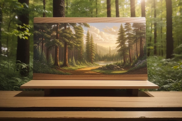 Een lege houten plank met een bosbeeld op de achtergrond