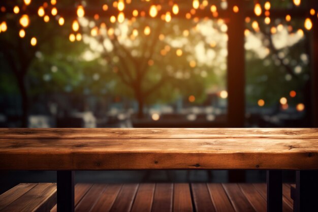 Een lege houten tafel een zachte focus op wazige bokeh lichten die aan de bomen op de achtergrond hangen