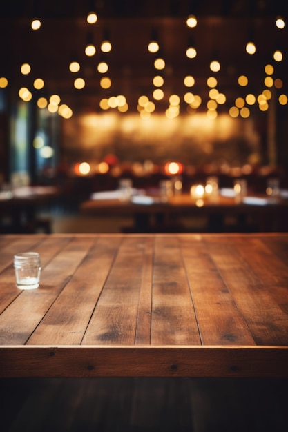 Een lege houten tafel in een restaurant met een wazige achtergrond van lichten