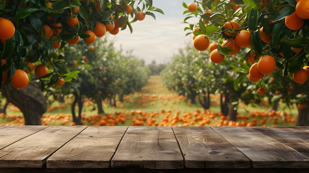 Een lege houten tafel in een sinaasappelboom De takken van de sinaasappelbomen zijn zwaar met rijpe vruchten