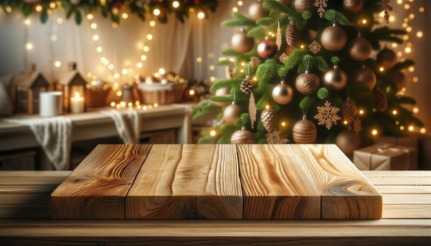 Een lege houten tafel met een kerstthema op de achtergrond