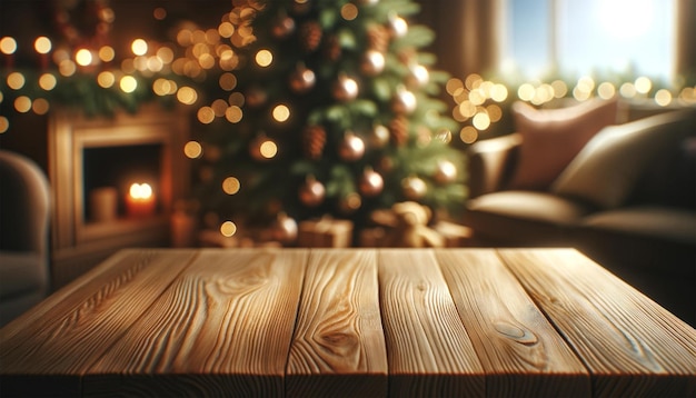 Een lege houten tafel met een kerstthema op de achtergrond
