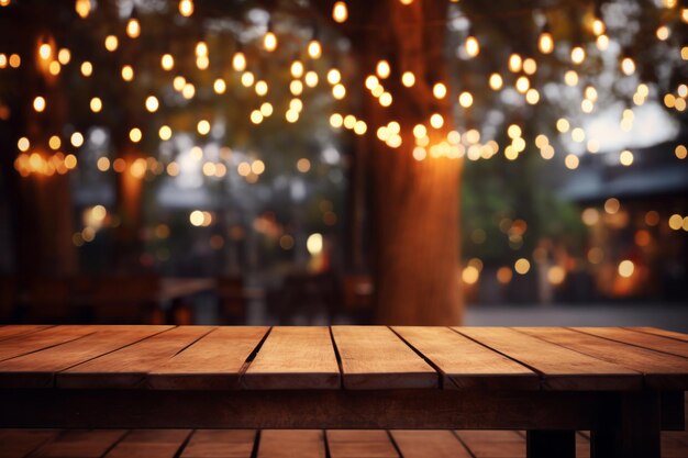 Een lege houten tafel met een zachte focus op de feestelijke vervaagde bokeh lichten die van de bomen hangen