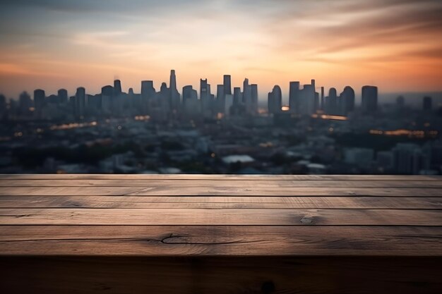 Een lege houten tafel voor de skyline van een stad in de schemering Generatieve AI