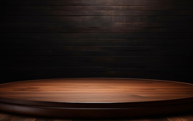 Een lege houten tafel voor presentatie met een donkere achtergrond en geïsoleerde inbouwverlichting