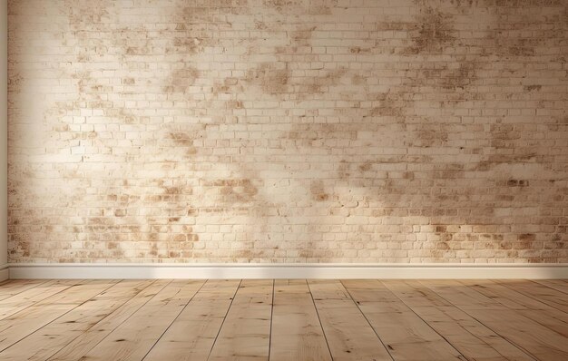 een lege kamer met een bakstenen muur en een houten vloer in de stijl van organische texturen