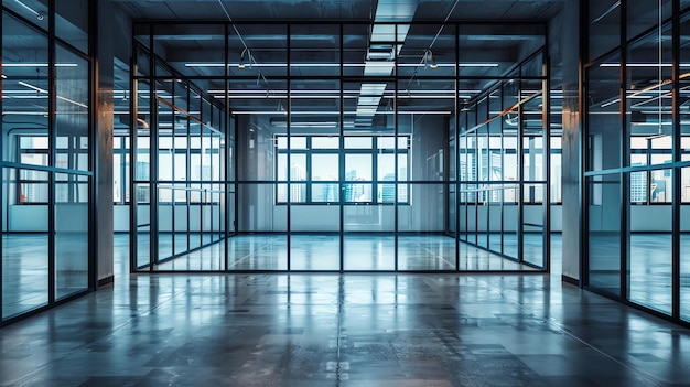 Een lege kantoorruimte met glazen muren en een modern industrieel ontwerp