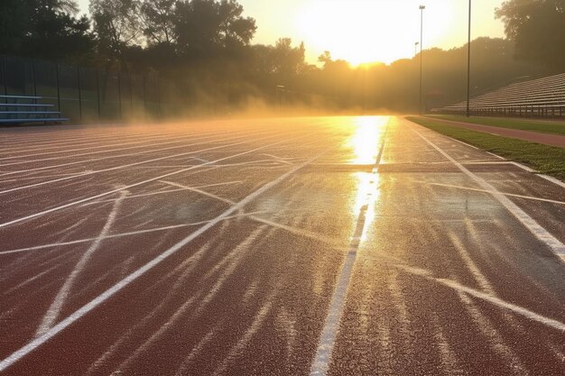 Een lege loopbaan met ochtenddauw en zonsopgang.