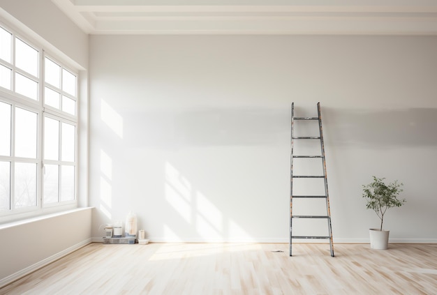 Een lege onvoltooide witte kamer met een groot raam.