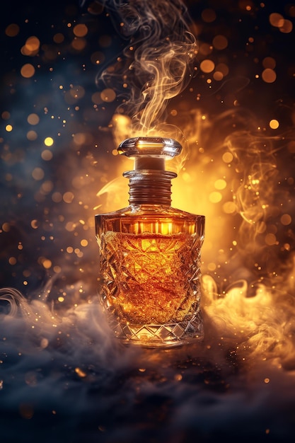 Een lege parfumfles tegen een achtergrond van vuur en rook 3D-illustratie