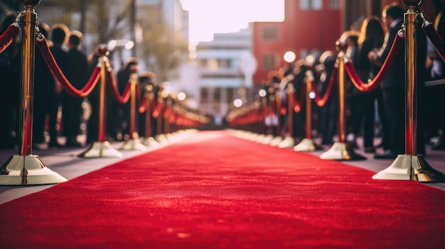 Een lege rode tapijt wacht op de komst van de beroemde sterren beroemdheden paparazzi en journalisten