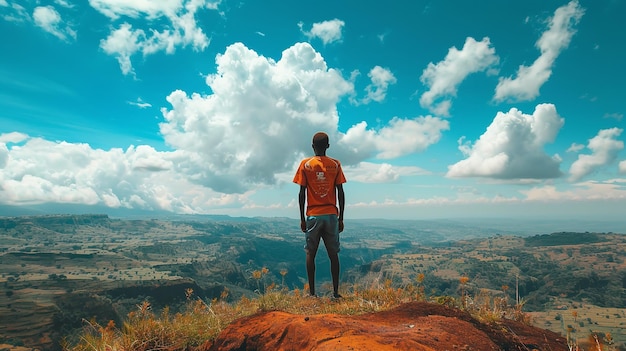 Een lege ruimte en de achterkant van een Afrikaanse jongen bij zonsondergang op een bergtop Generatieve AI