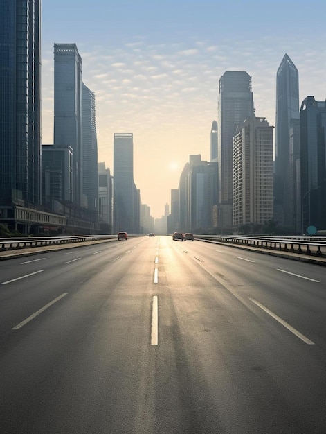 een lege snelweg in een grote stad met hoge gebouwen