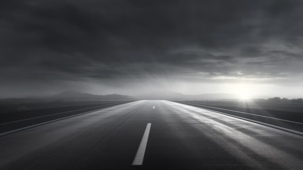 Een lege snelweg met een donkere hemel op de achtergrond