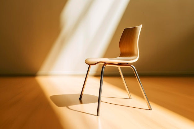 Een lege stoel verlicht in oranje tinten kopieert ruimte en modern industrieel ontwerp