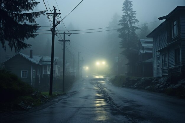 Een lege verlichte spookstad straatlantaarn verlicht de weg door de bomen en het dorp in een mist op een regenachtige herfstdag straatlantaarns Engelse landelijke scènes Halloween achtergrond