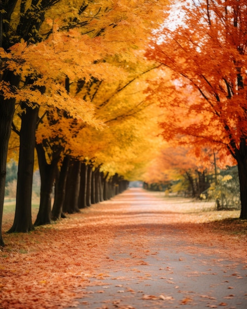 een lege weg omzoomd met oranje en gele bladeren