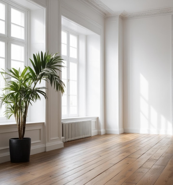 Een lege witte kamer met een houten vloer en een potplant