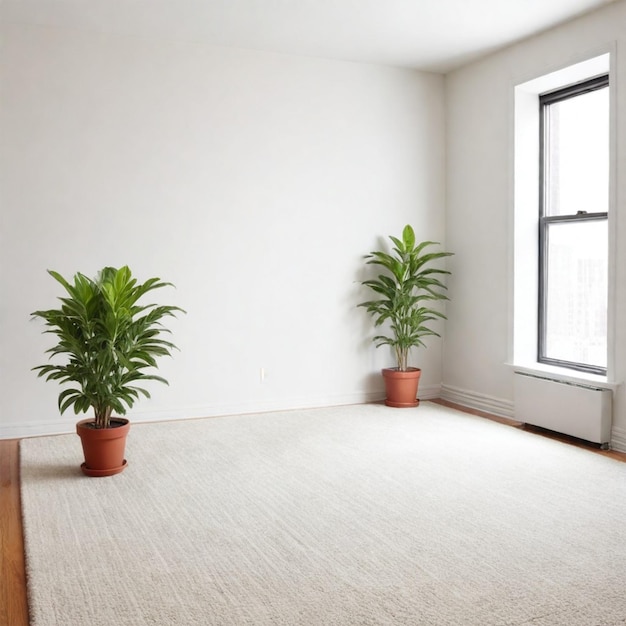 Een lege woonkamer met planten ramen tapijt Augmented reality mockup patroon frame