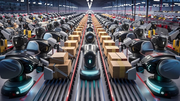 Een leger van robots die efficiënt honderden pakketten per uur sorteren geautomatiseerd geleid voertuig agv