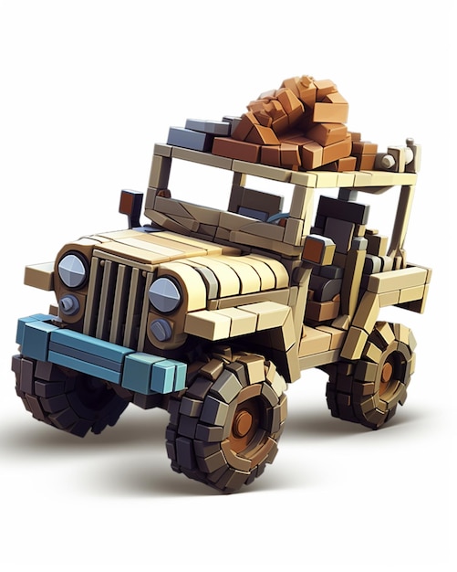 Een lego jeep met een aantal dozen erop.