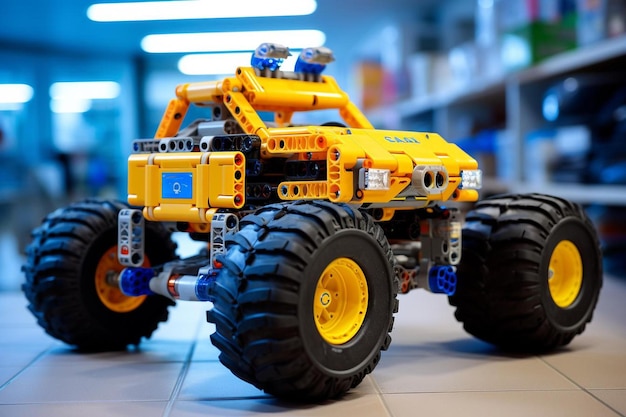 een lego voertuig met een geel lichaam en zwarte wielen