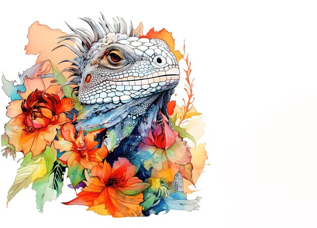 Een leguankop en prachtige tropische bloemen op een schone achtergrond Reptielen Illustratie Generatieve AI