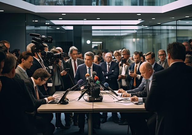 Een leidinggevende maakt een baanbrekende aankondiging tijdens een persconferentie met journalisten