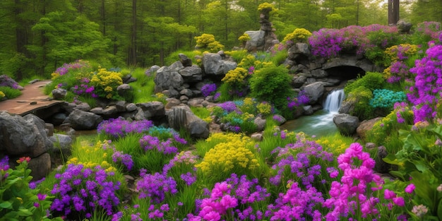 Een lentescène met een waterval en bloemen