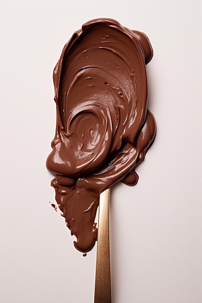 Een lepel vol chocolade op een witte achtergrond.