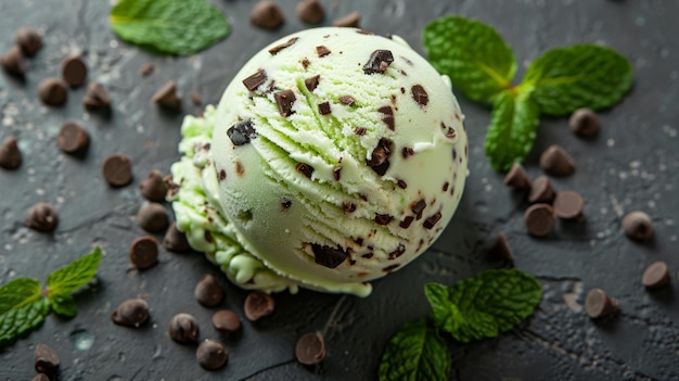 Een lepeltje muntschokolade met muntbladeren en chocoladechips