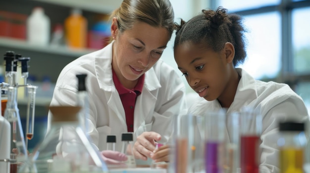 Een leraar die een student helpt met een wetenschappelijk experiment in het lab