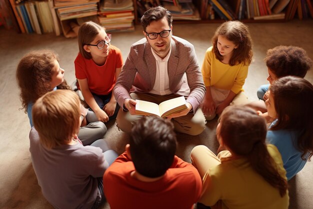 Foto een leraar die een verhaal hardop voorleest aan een kring van studenten