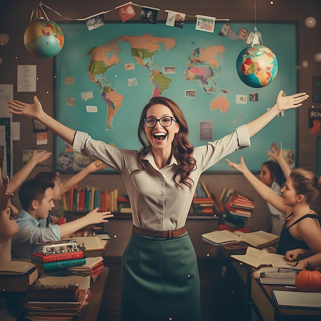 een leraar in een klaslokaal met haar armen omhoog voor een wereldkaart