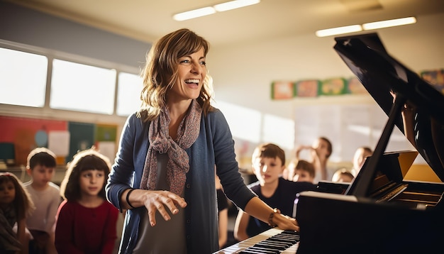 Een leraar praat met een groep kinderen in een klaslokaal