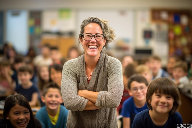 Een leraar staat voor een klas vol kinderen