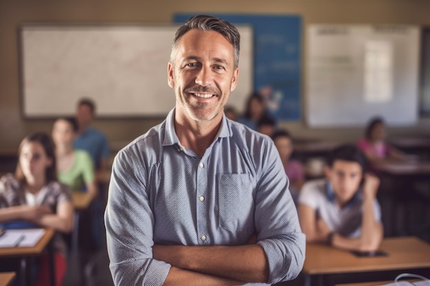 Een leraar staat voor een klas vol leerlingen.