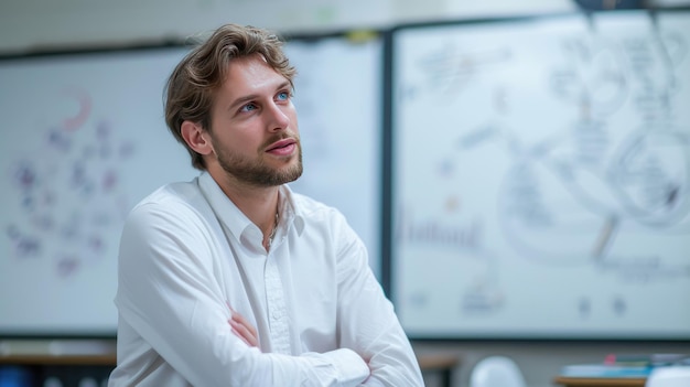 Een leraar staat voor een whiteboard en betrekt studenten bij een interactieve les