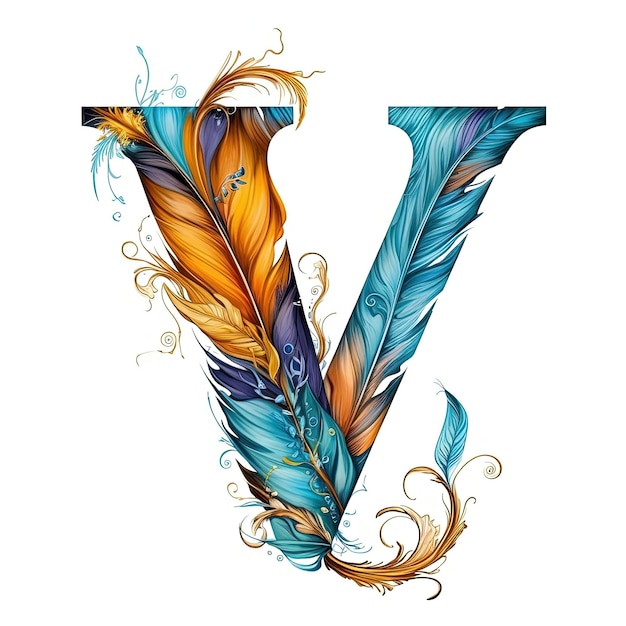 een letter v beschilderd met kleurrijke veren en bladeren in de stijl van realisme-fantasie-elementen