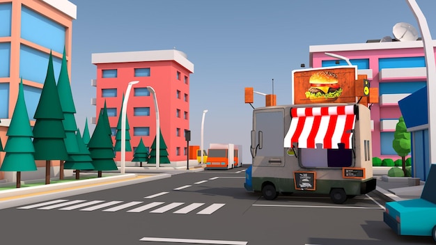 Een leuke stedelijke foodtruck 3D-weergave