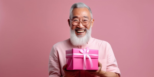 Een leuke volwassen Chinese man blij verrast met een geschenk in zijn handen met een roze achtergrond