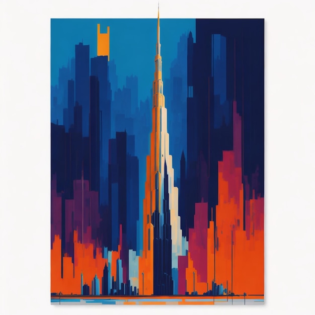 Een levendig abstract schilderij van de Burj Khalifa met zijn iconische torenspits die tot aan de hemel reikt