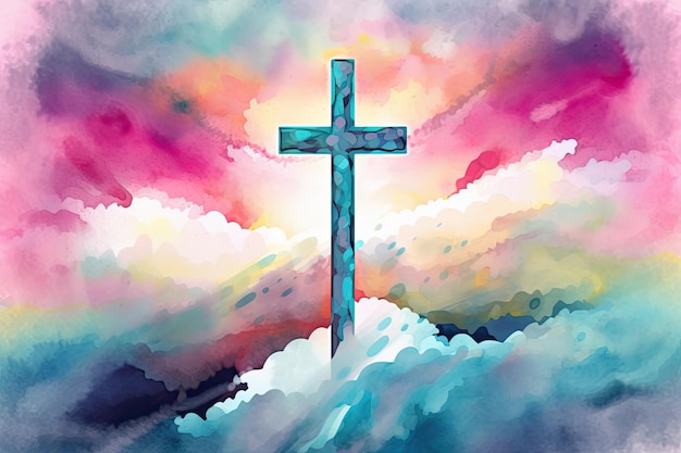 Een levendig aquarelschilderij van een kruis dat boven de wolken zweeft in een graffiti-achtige stijl Perfect voor religieuze thema's Generatieve AI