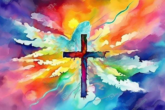 Een levendig aquarelschilderij van een kruis dat boven de wolken zweeft in een graffiti-achtige stijl Perfect voor religieuze thema's Generatieve AI