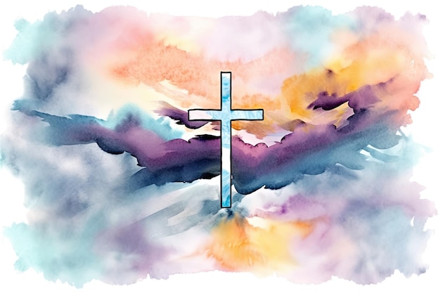 Een levendig aquarelschilderij van een kruis dat boven de wolken zweeft in een graffiti-achtige stijl Perfect voor religieuze thema's Generatieve AI